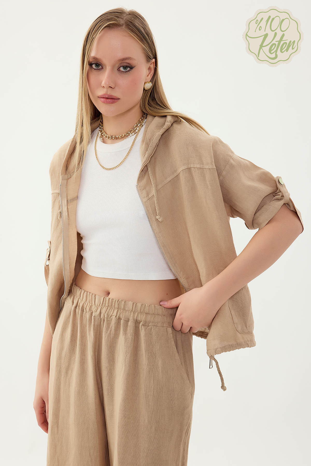 %100 Keten Kapüşonlu Fermuarlı Ceket - Thumbnail