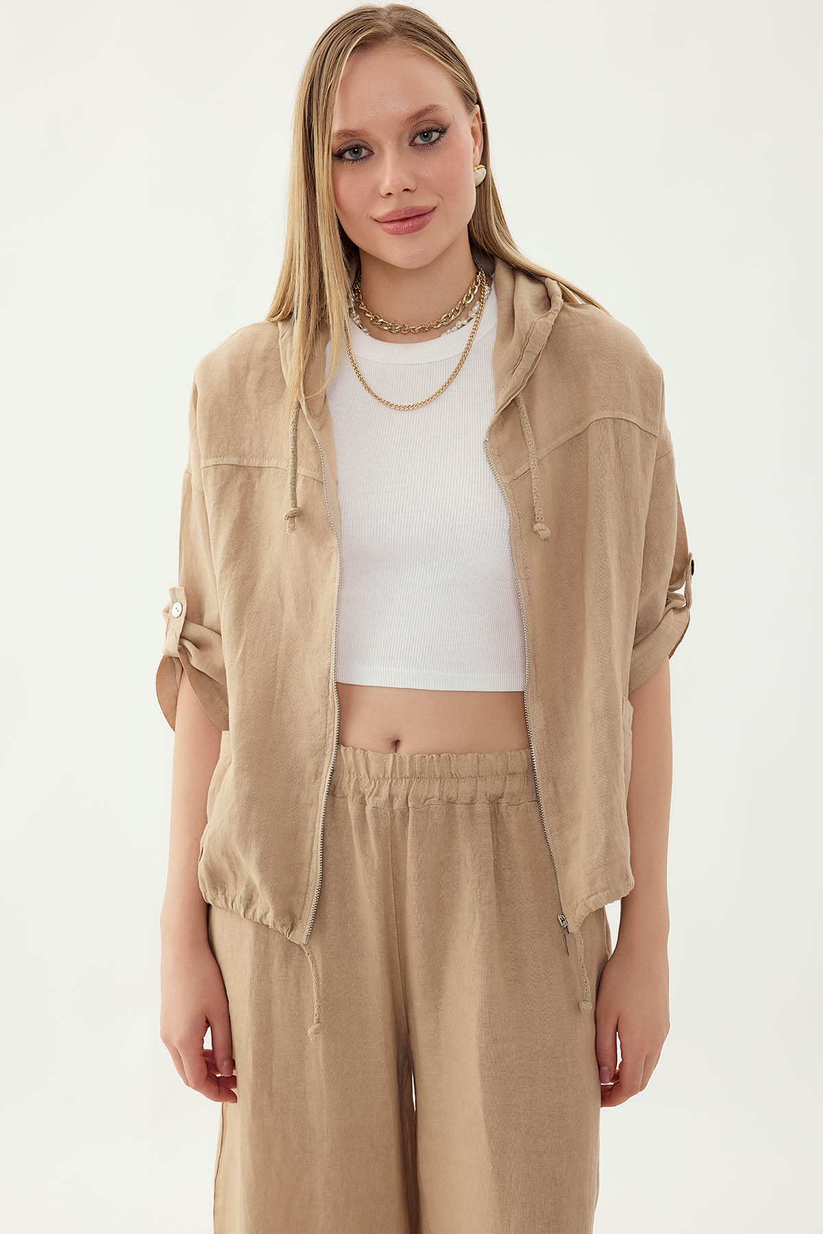 %100 Keten Kapüşonlu Fermuarlı Ceket - Thumbnail