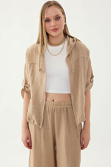 %100 Keten Kapüşonlu Fermuarlı Ceket - 12