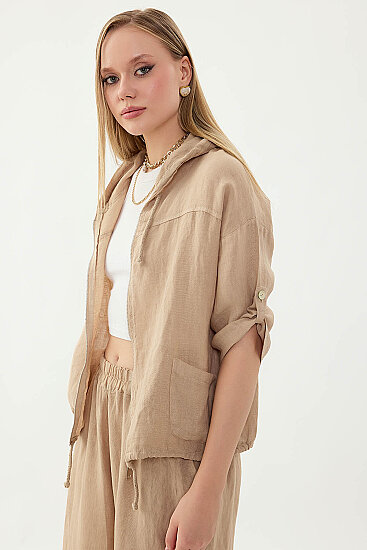 %100 Keten Kapüşonlu Fermuarlı Ceket - 13