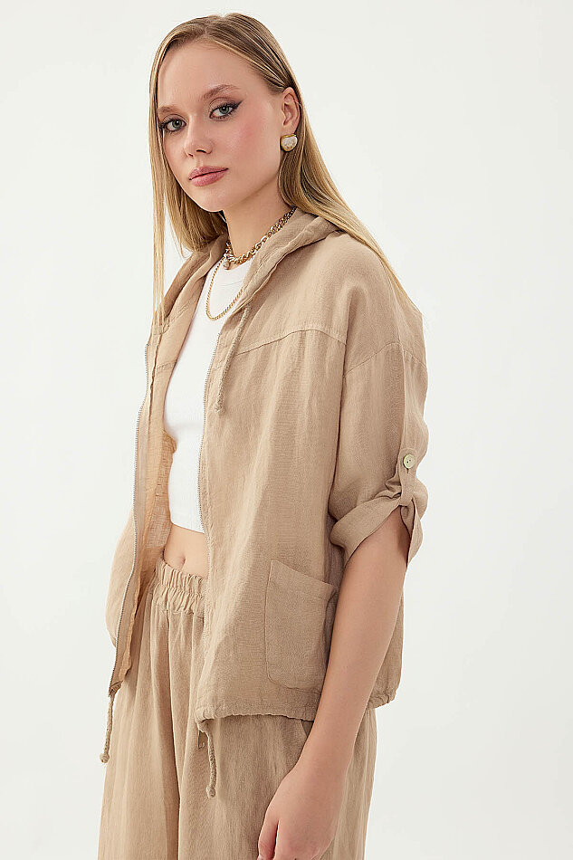 %100 Keten Kapüşonlu Fermuarlı Ceket - 13