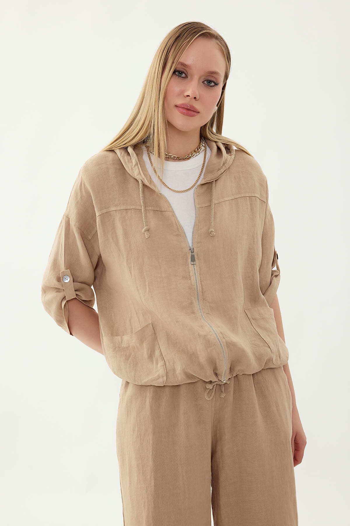 %100 Keten Kapüşonlu Fermuarlı Ceket - Thumbnail