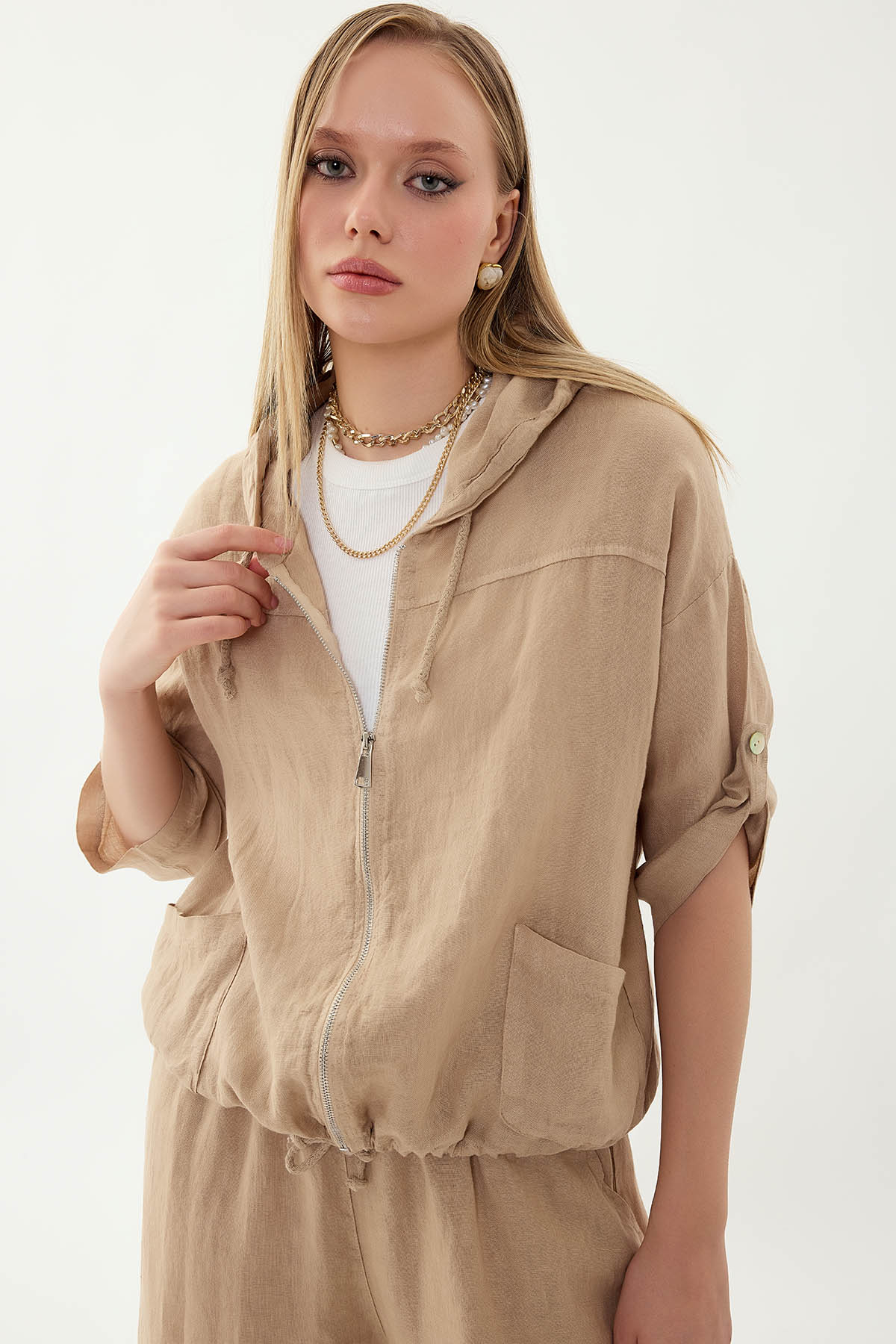 %100 Keten Kapüşonlu Fermuarlı Ceket - Thumbnail