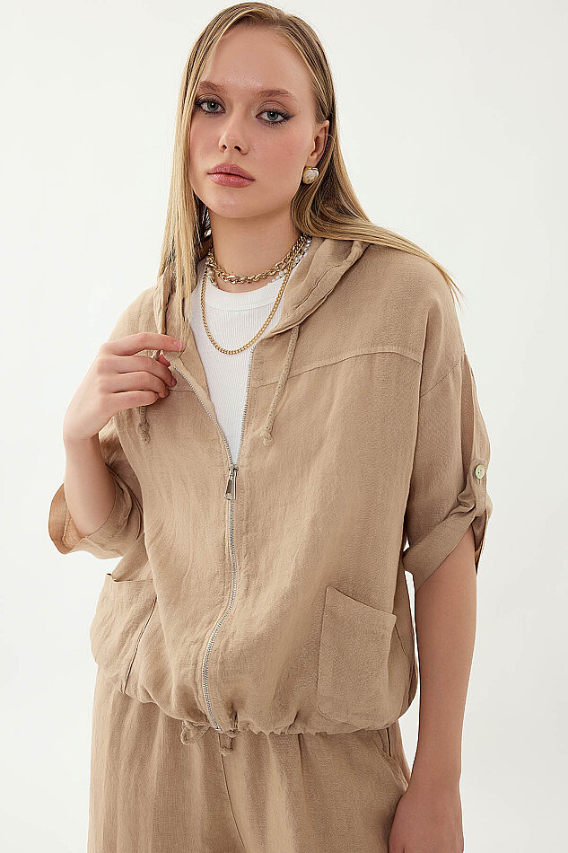 %100 Keten Kapüşonlu Fermuarlı Ceket - 16