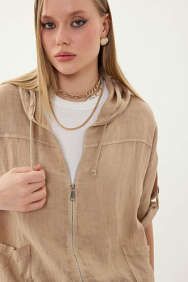 %100 Keten Kapüşonlu Fermuarlı Ceket - 17