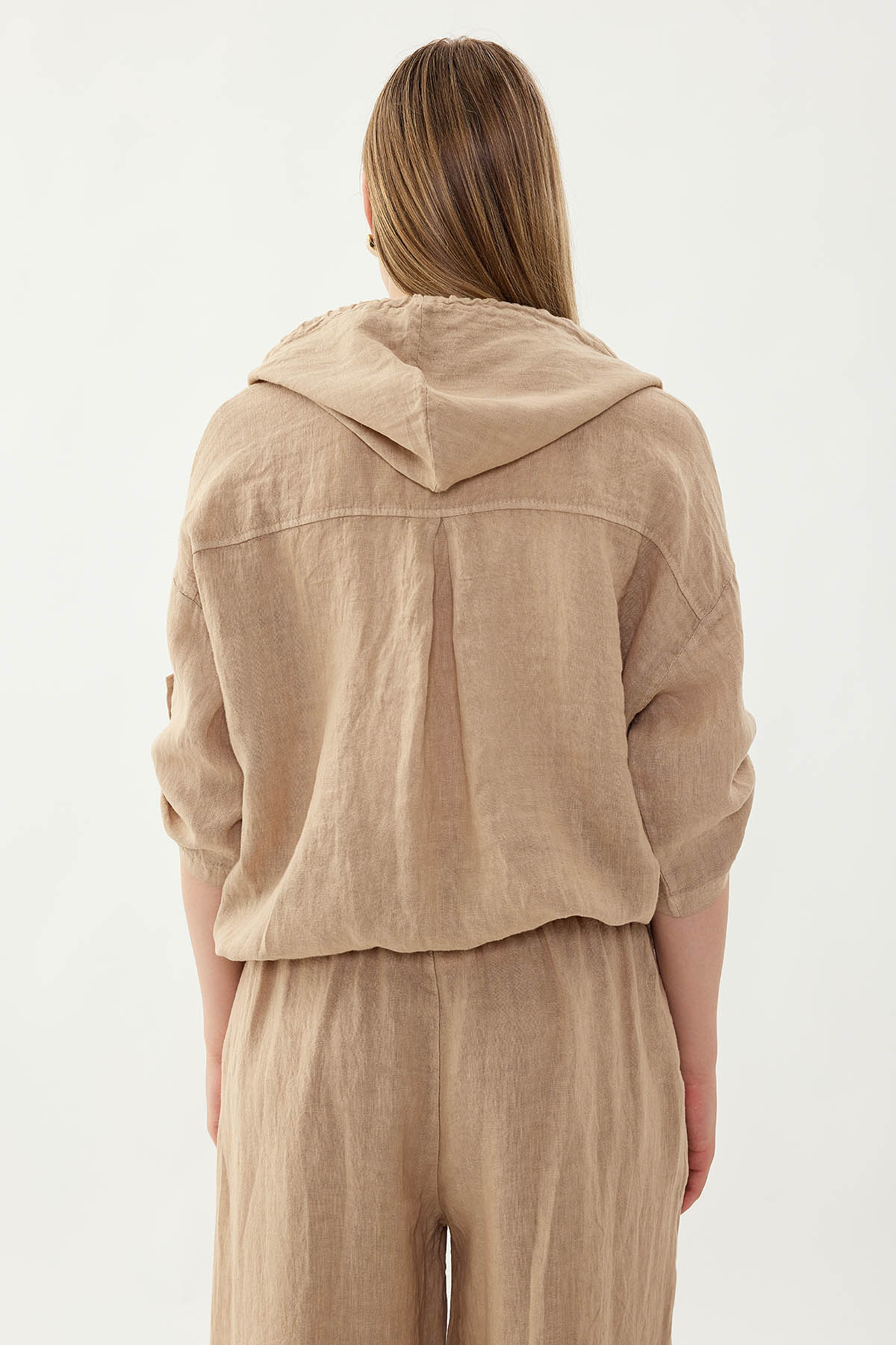 %100 Keten Kapüşonlu Fermuarlı Ceket - Thumbnail