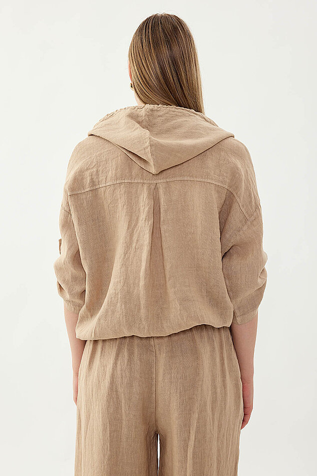 %100 Keten Kapüşonlu Fermuarlı Ceket - 15
