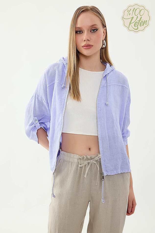 %100 Keten Kapüşonlu Fermuarlı Ceket - 18