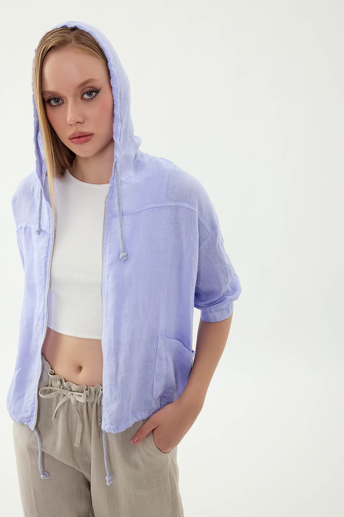 %100 Keten Kapüşonlu Fermuarlı Ceket - Thumbnail