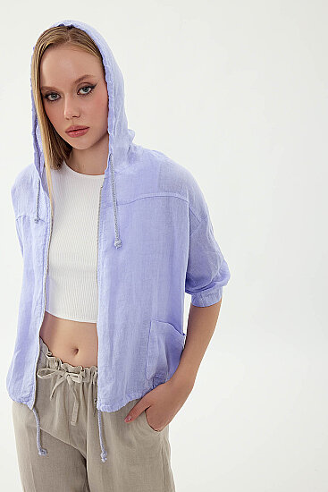 %100 Keten Kapüşonlu Fermuarlı Ceket - 19