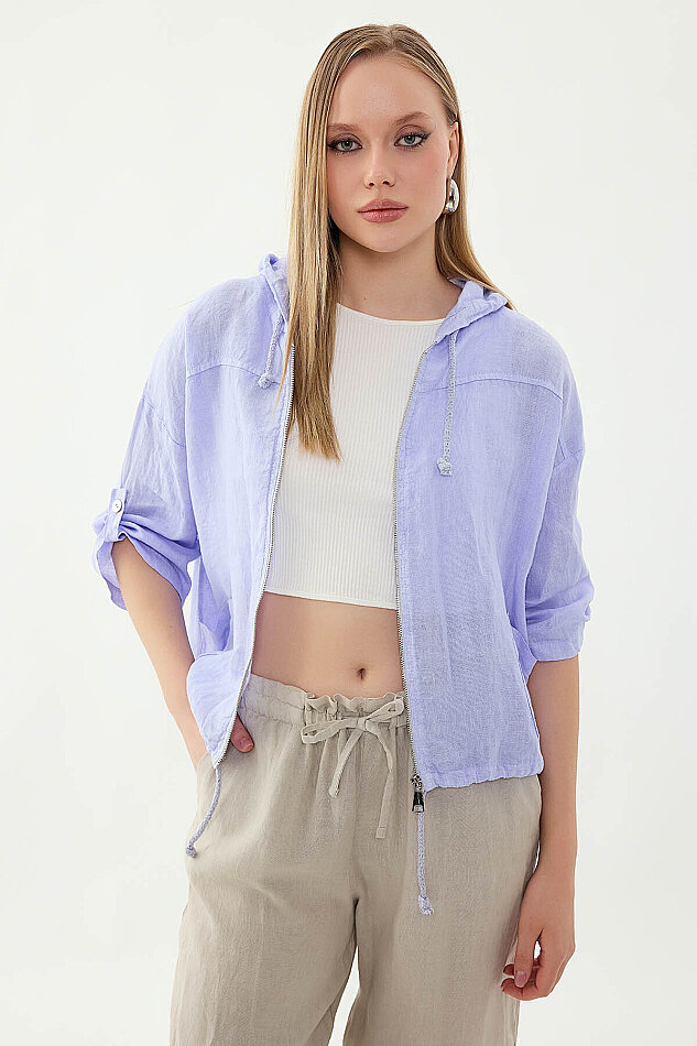 %100 Keten Kapüşonlu Fermuarlı Ceket - 20