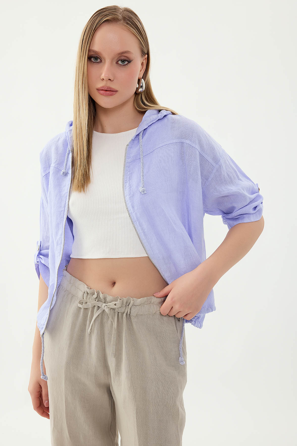 %100 Keten Kapüşonlu Fermuarlı Ceket - Thumbnail