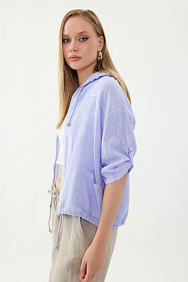 %100 Keten Kapüşonlu Fermuarlı Ceket - 23