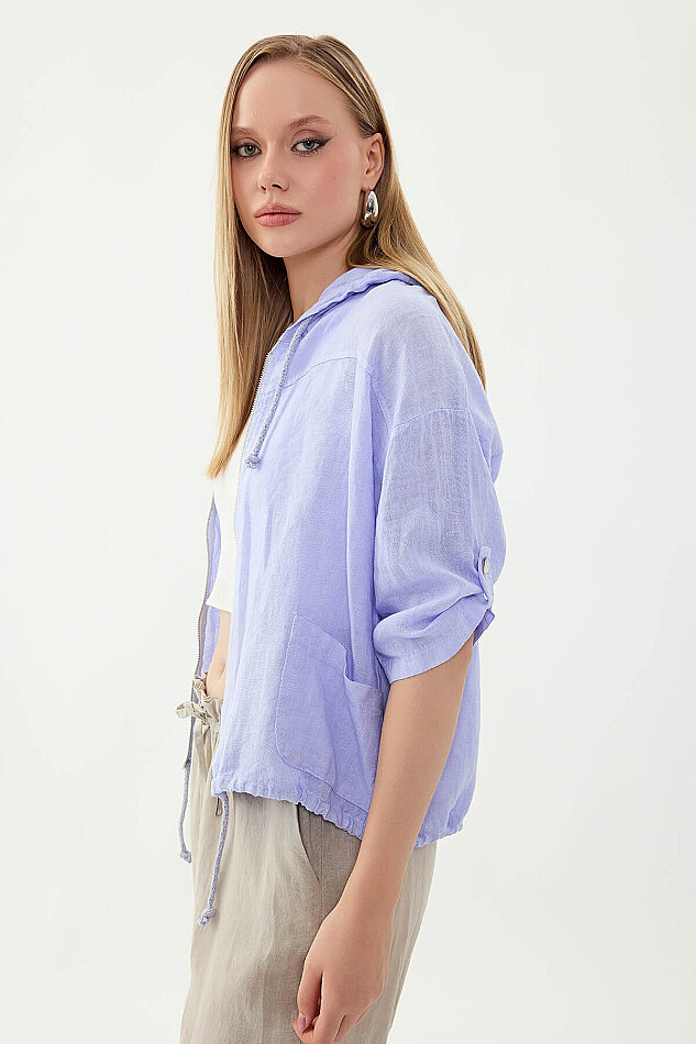 %100 Keten Kapüşonlu Fermuarlı Ceket - 23