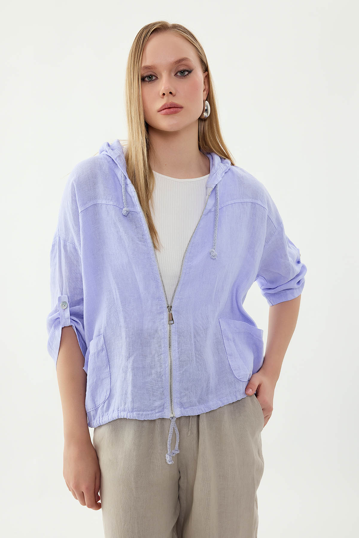 %100 Keten Kapüşonlu Fermuarlı Ceket - Thumbnail