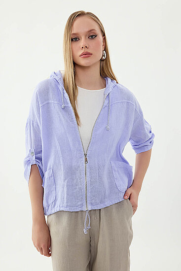 %100 Keten Kapüşonlu Fermuarlı Ceket - 24