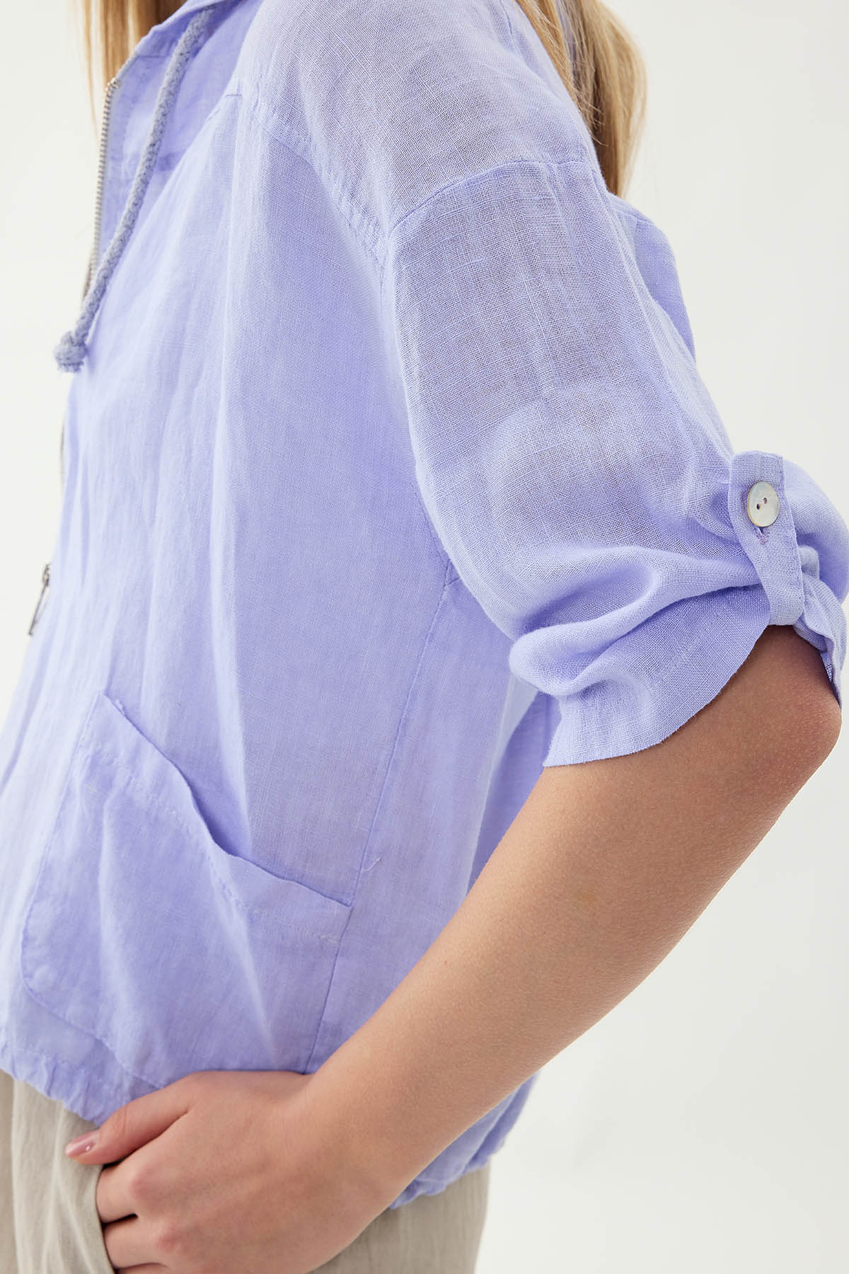 %100 Keten Kapüşonlu Fermuarlı Ceket - Thumbnail