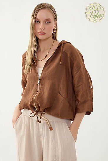 %100 Keten Kapüşonlu Fermuarlı Ceket - 26