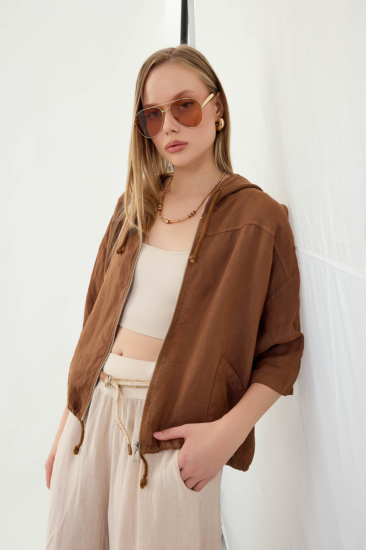 %100 Keten Kapüşonlu Fermuarlı Ceket - Thumbnail