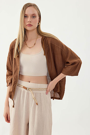 %100 Keten Kapüşonlu Fermuarlı Ceket - 28