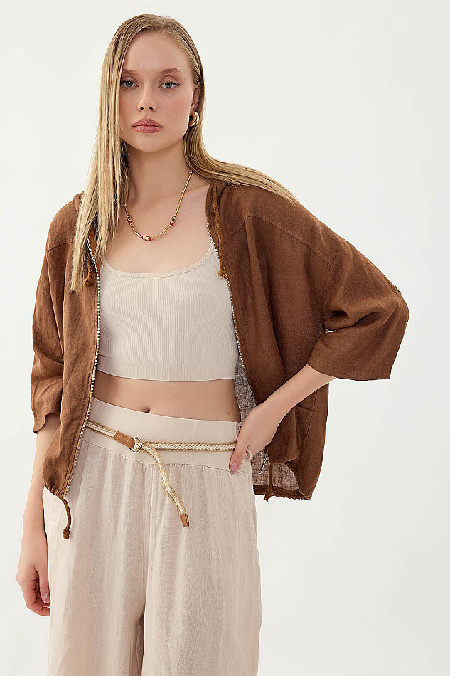 %100 Keten Kapüşonlu Fermuarlı Ceket - 28