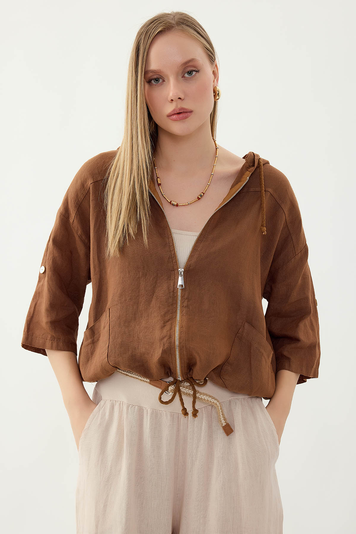 %100 Keten Kapüşonlu Fermuarlı Ceket - Thumbnail