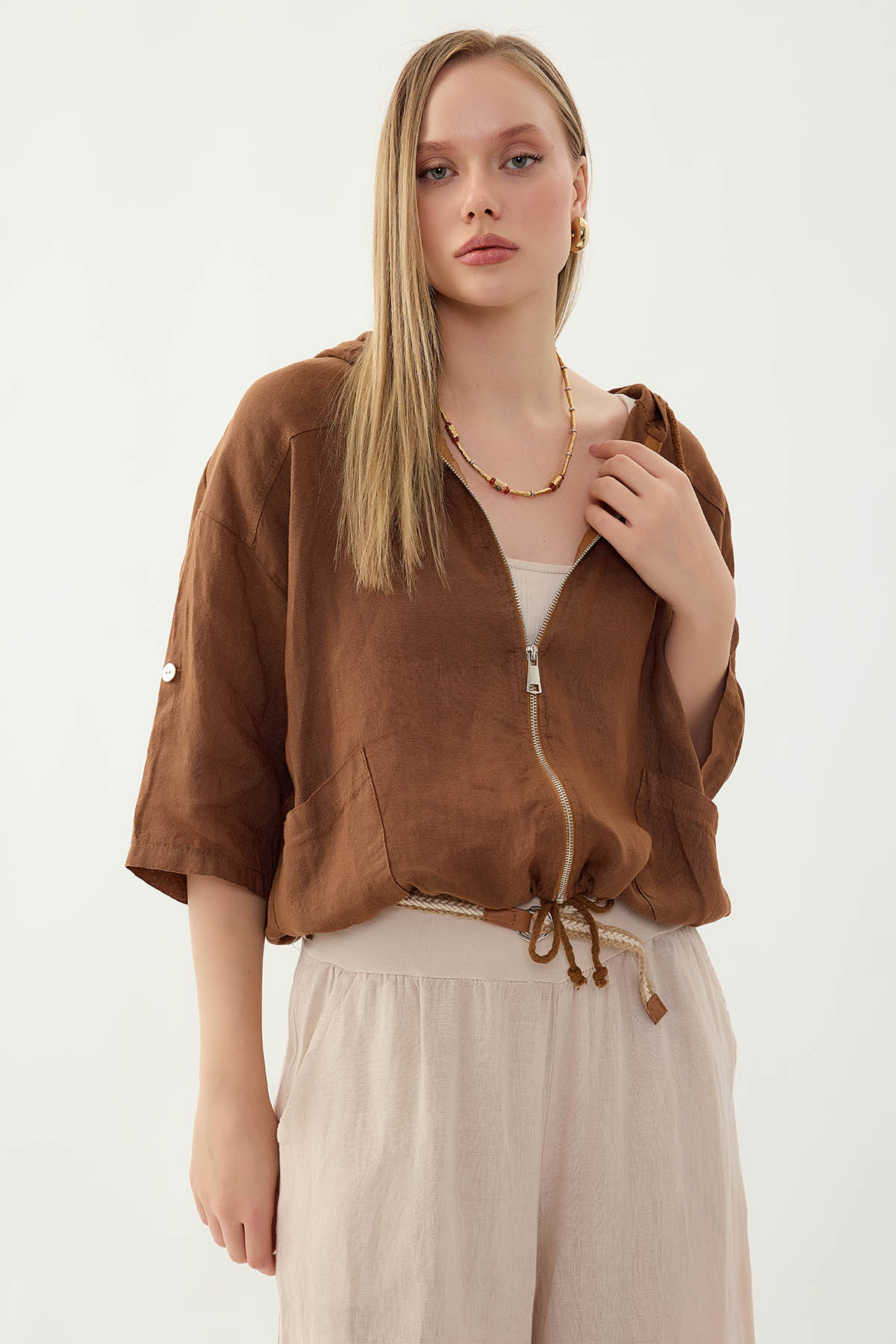 %100 Keten Kapüşonlu Fermuarlı Ceket - Thumbnail