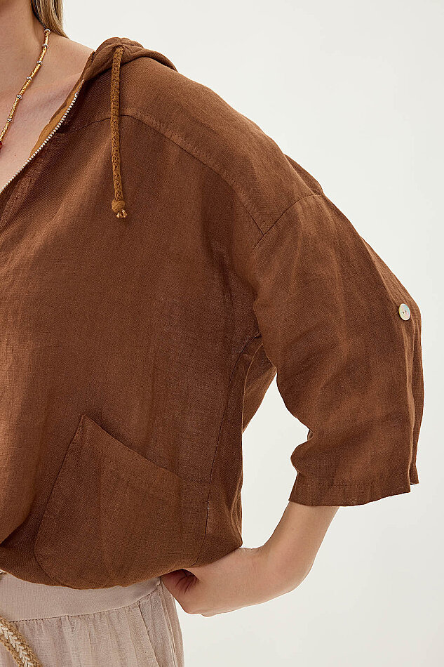 %100 Keten Kapüşonlu Fermuarlı Ceket - 32