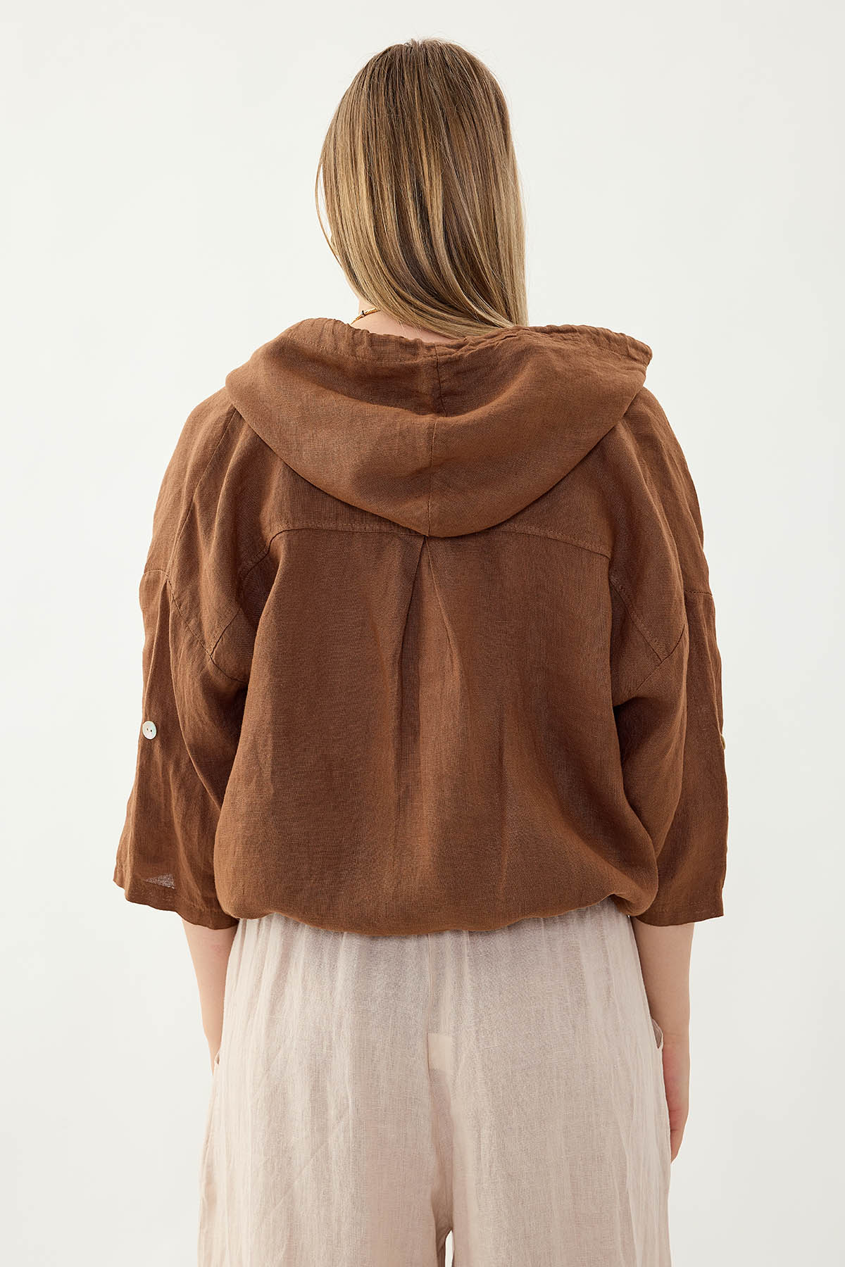 %100 Keten Kapüşonlu Fermuarlı Ceket - Thumbnail