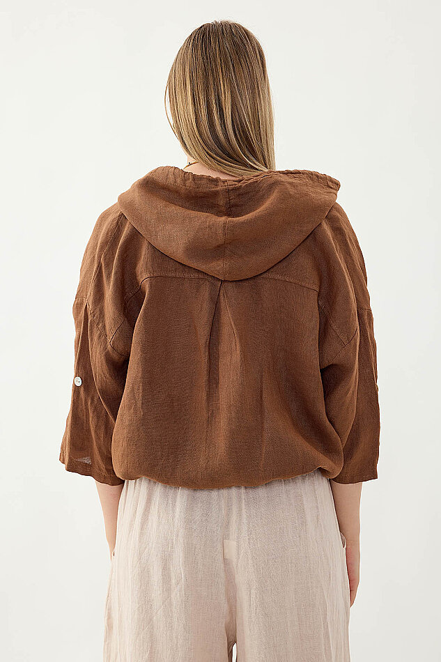 %100 Keten Kapüşonlu Fermuarlı Ceket - 30