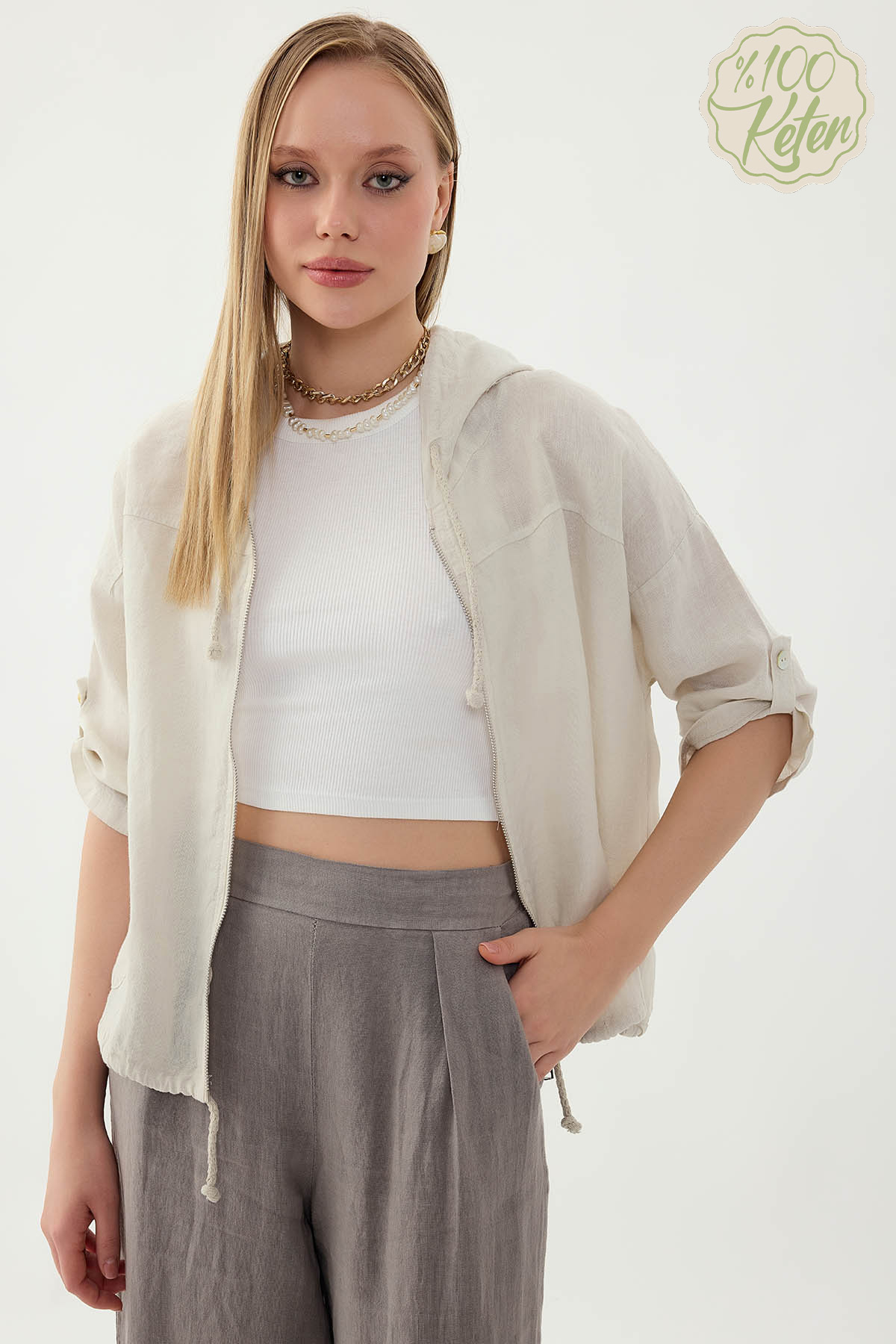 %100 Keten Kapüşonlu Fermuarlı Ceket - Thumbnail