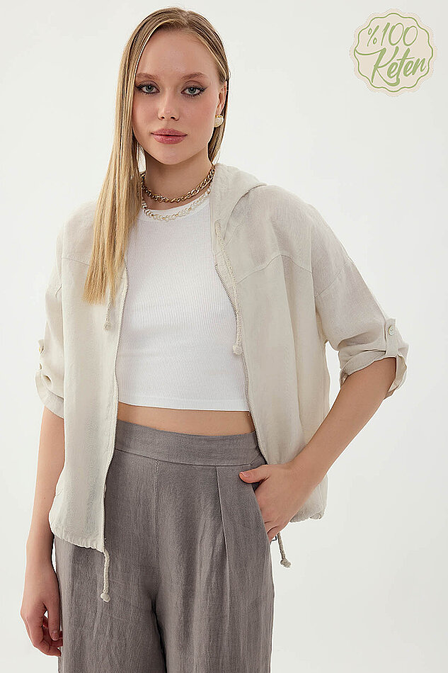 %100 Keten Kapüşonlu Fermuarlı Ceket - 33