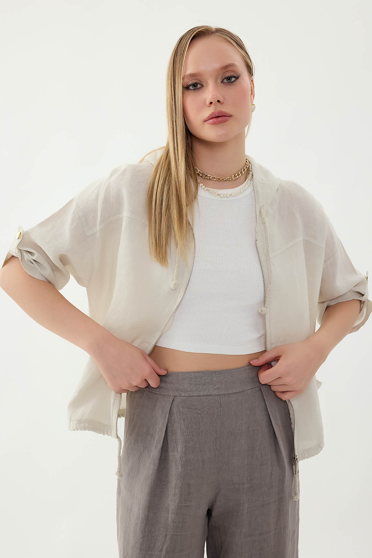 %100 Keten Kapüşonlu Fermuarlı Ceket - Thumbnail