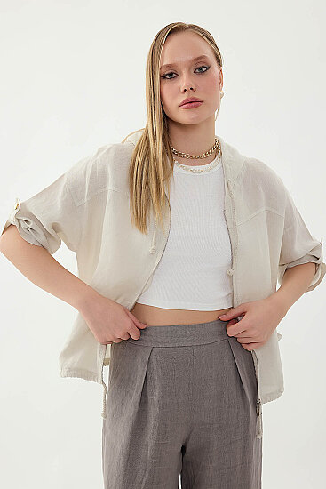 %100 Keten Kapüşonlu Fermuarlı Ceket - 34