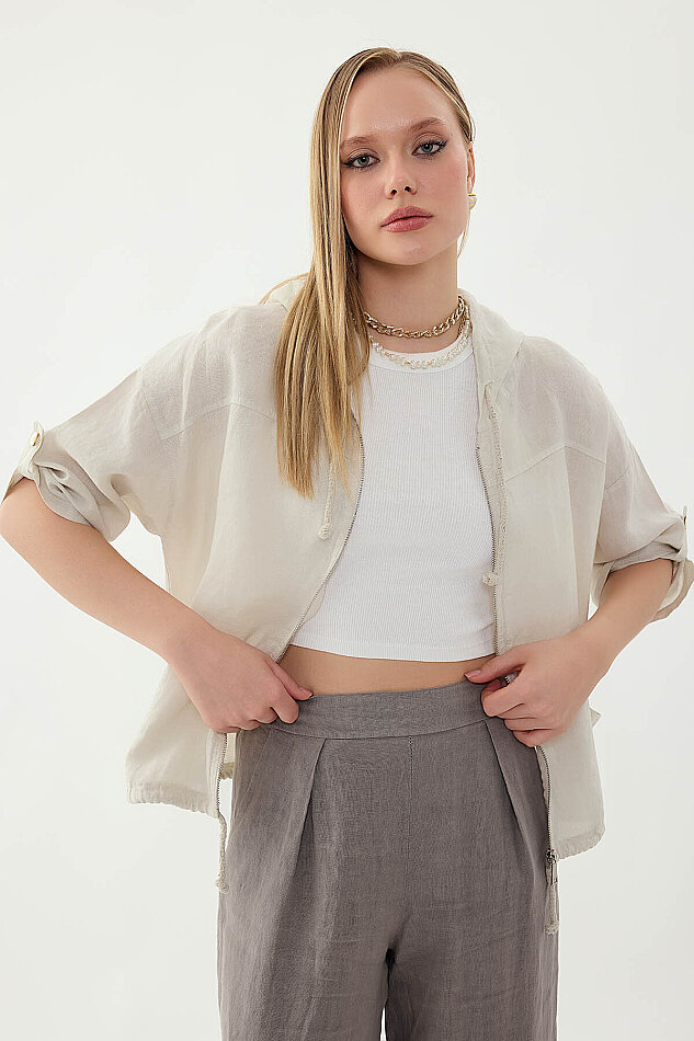 %100 Keten Kapüşonlu Fermuarlı Ceket - 34