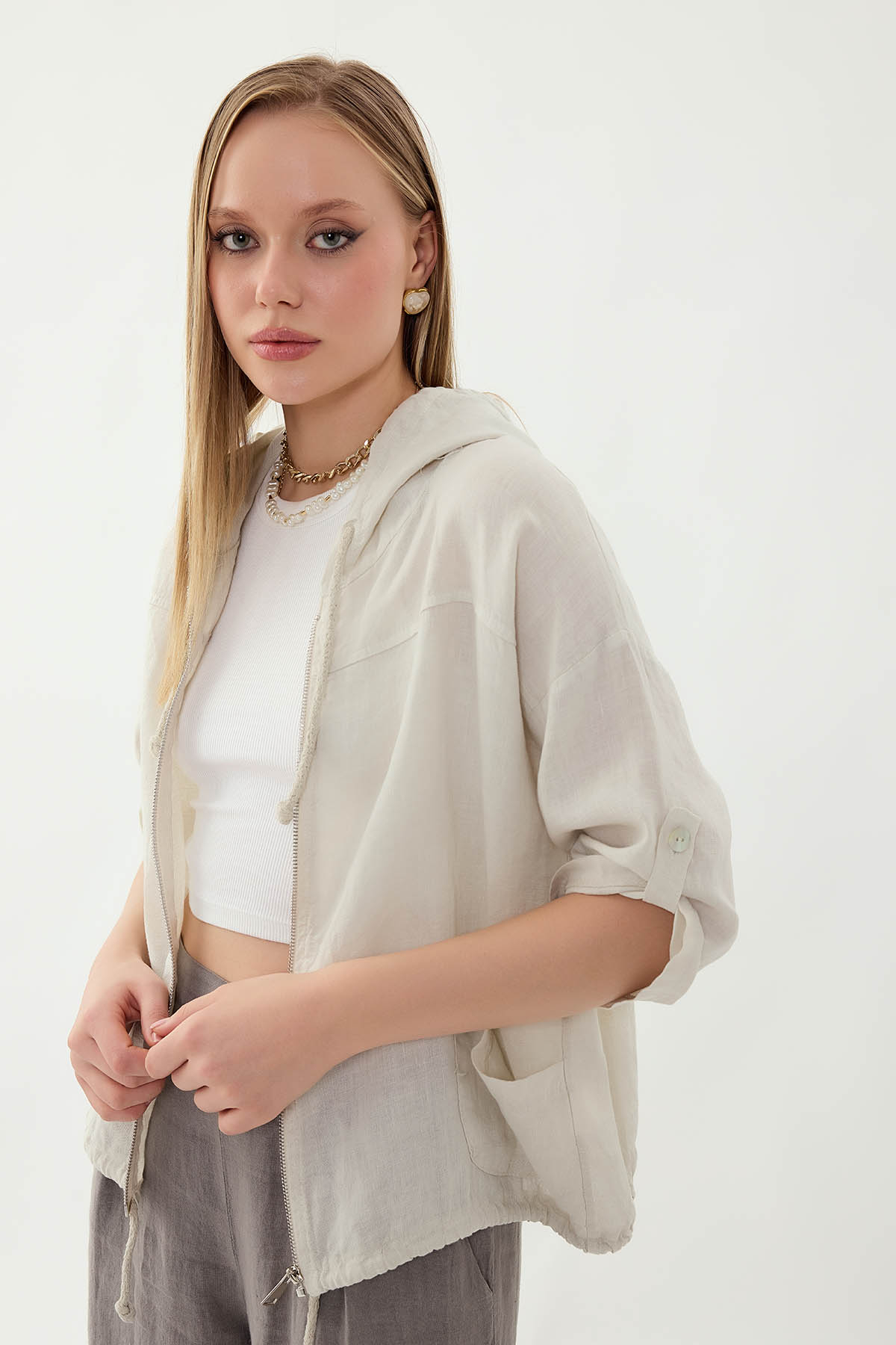 %100 Keten Kapüşonlu Fermuarlı Ceket - Thumbnail