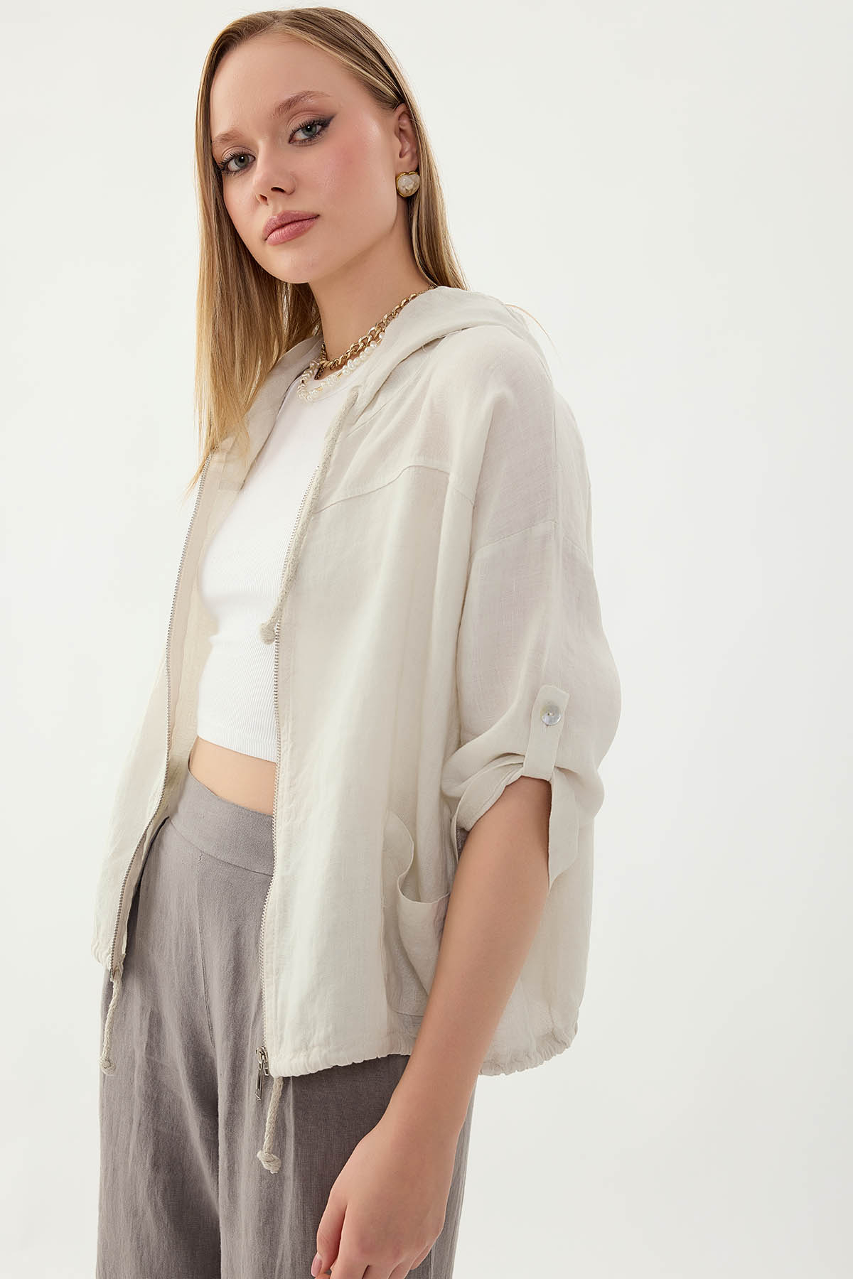 %100 Keten Kapüşonlu Fermuarlı Ceket - Thumbnail