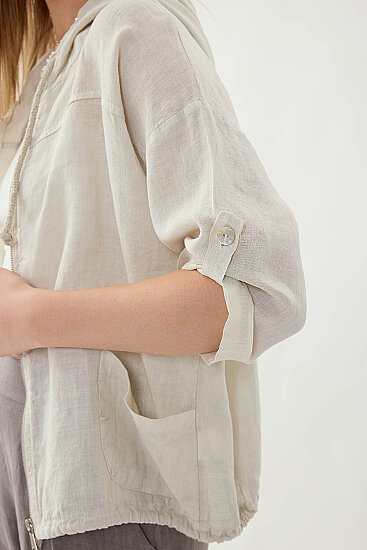 %100 Keten Kapüşonlu Fermuarlı Ceket - 38