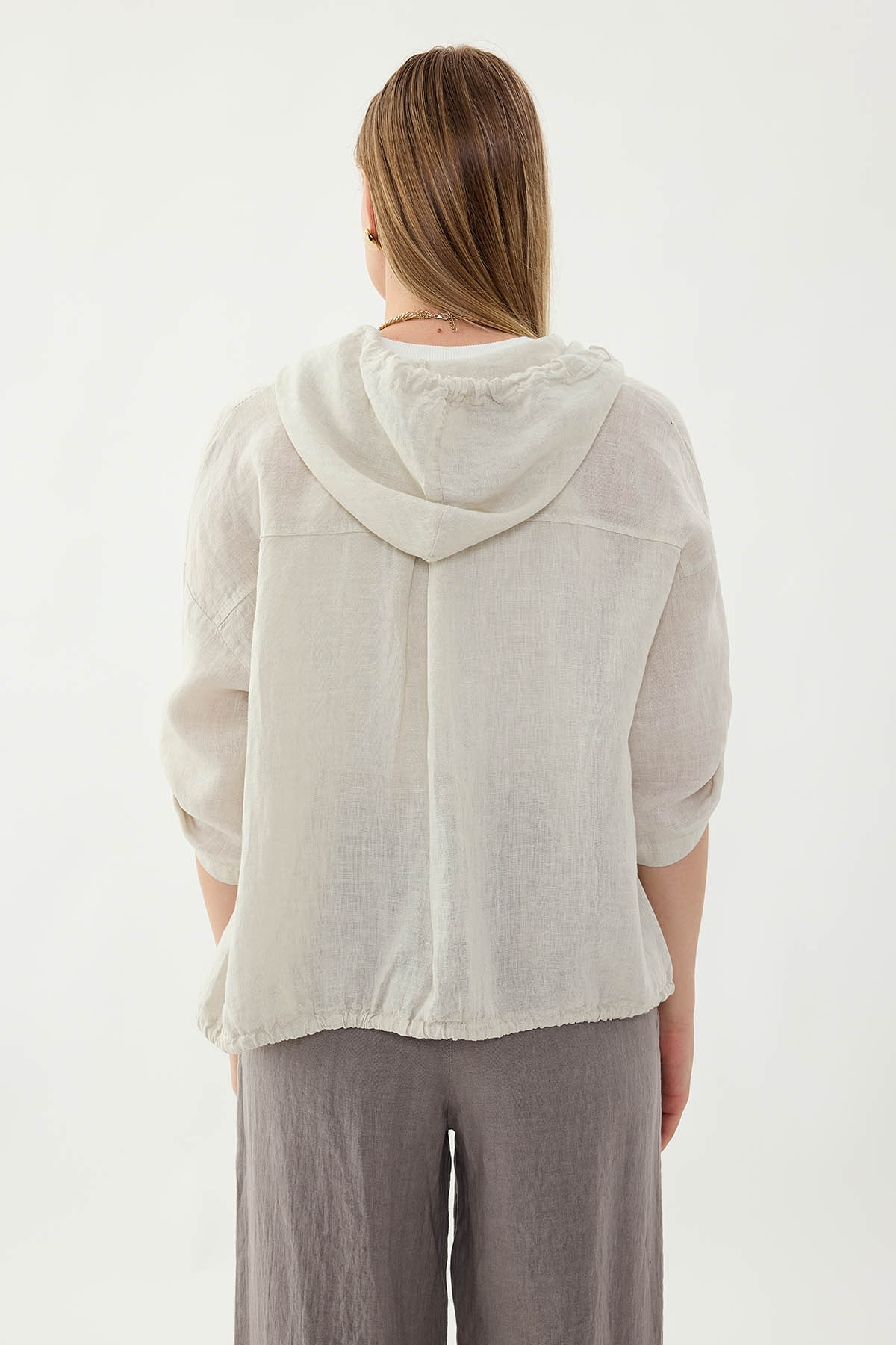 %100 Keten Kapüşonlu Fermuarlı Ceket - Thumbnail