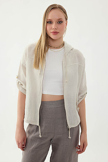 %100 Keten Kapüşonlu Fermuarlı Ceket - 39