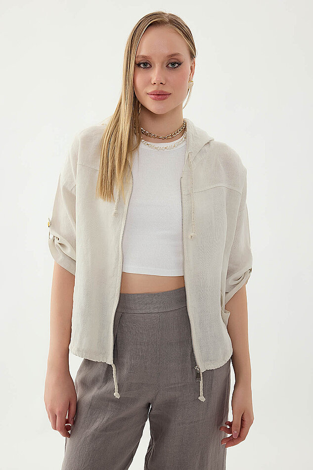 %100 Keten Kapüşonlu Fermuarlı Ceket - 39