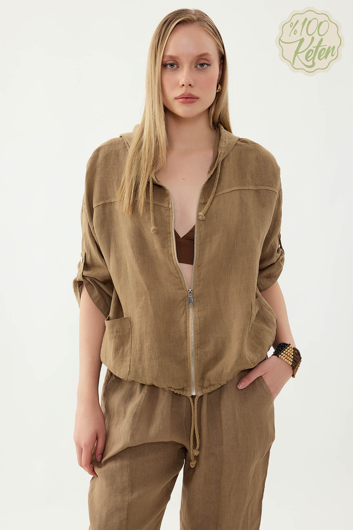 %100 Keten Kapüşonlu Fermuarlı Ceket - Thumbnail