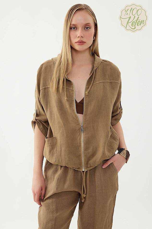 %100 Keten Kapüşonlu Fermuarlı Ceket - 40