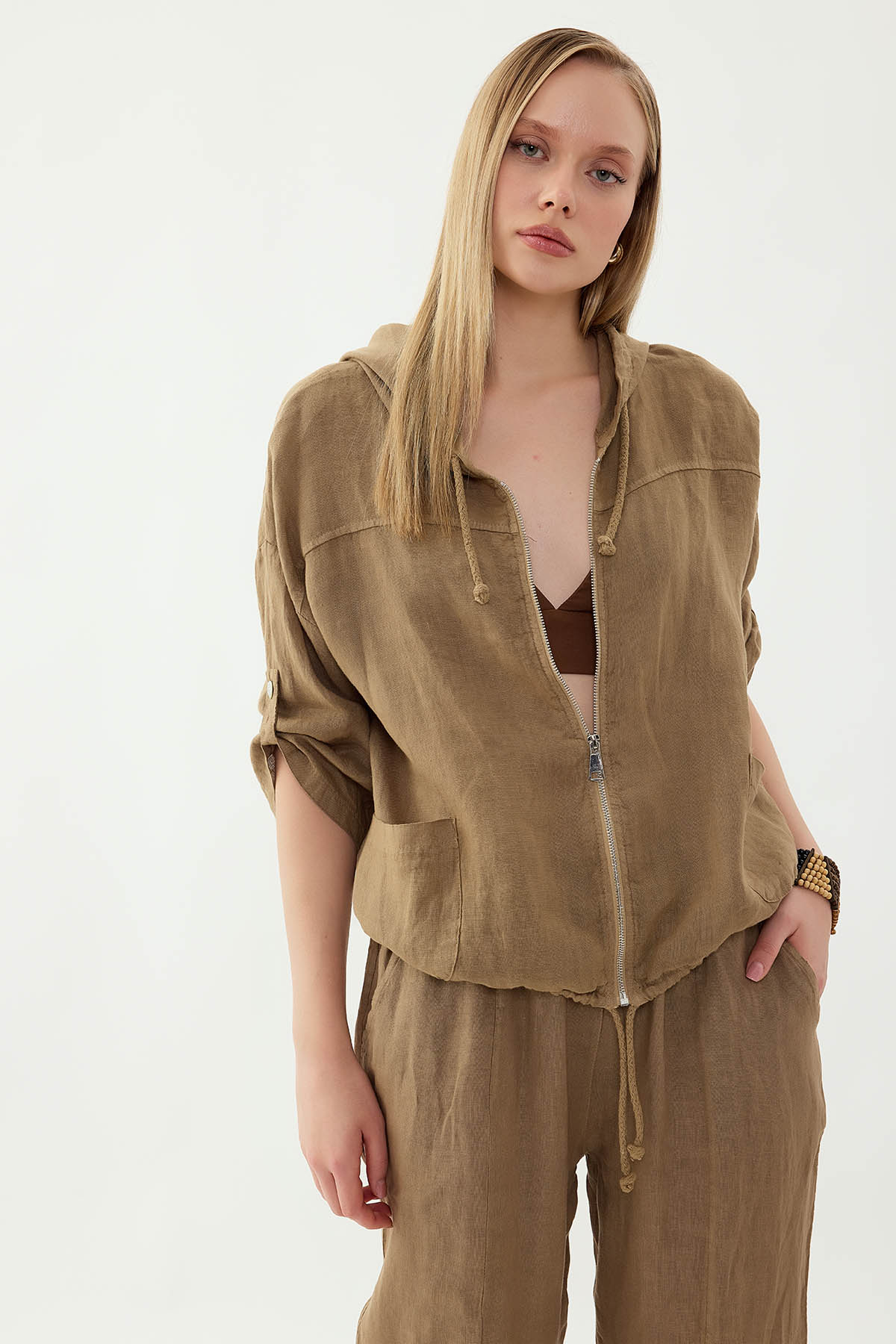 %100 Keten Kapüşonlu Fermuarlı Ceket - Thumbnail