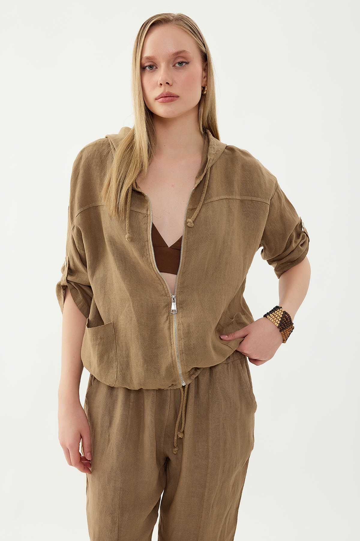 %100 Keten Kapüşonlu Fermuarlı Ceket - Thumbnail