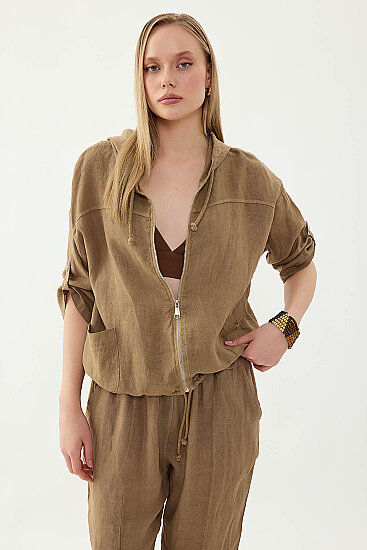 %100 Keten Kapüşonlu Fermuarlı Ceket - 42