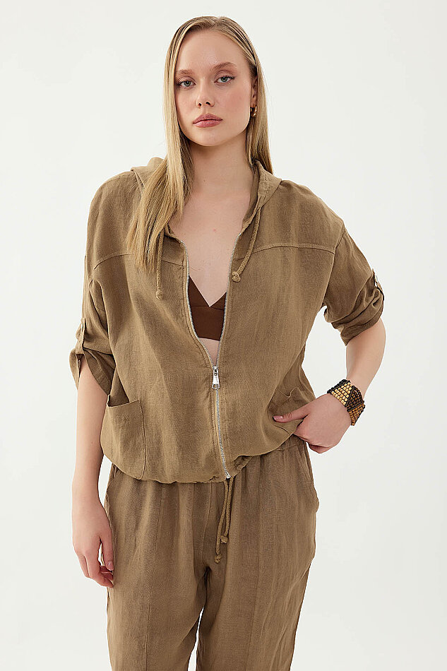 %100 Keten Kapüşonlu Fermuarlı Ceket - 42