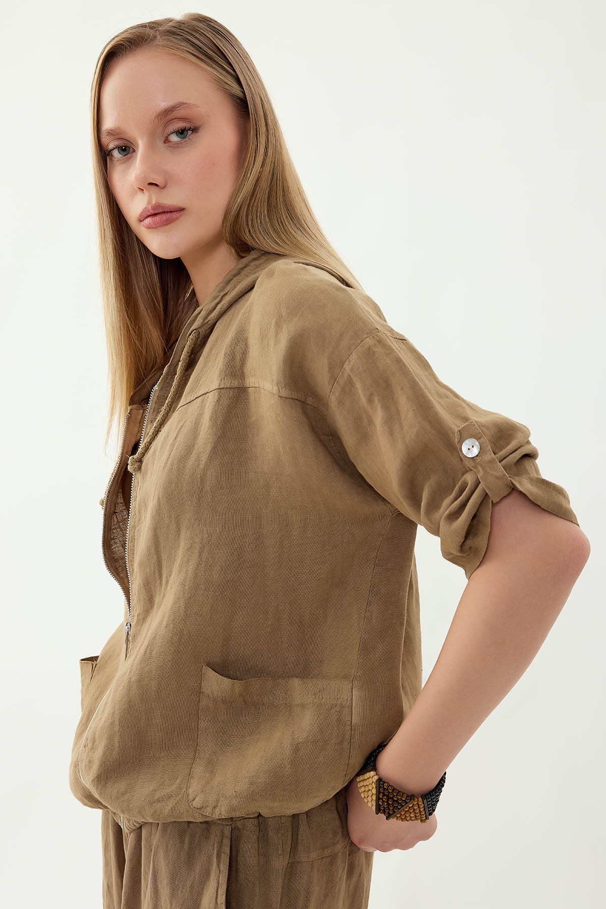 %100 Keten Kapüşonlu Fermuarlı Ceket - Thumbnail