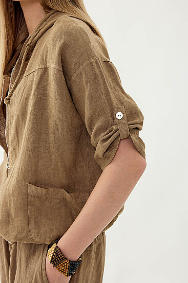 %100 Keten Kapüşonlu Fermuarlı Ceket - 45