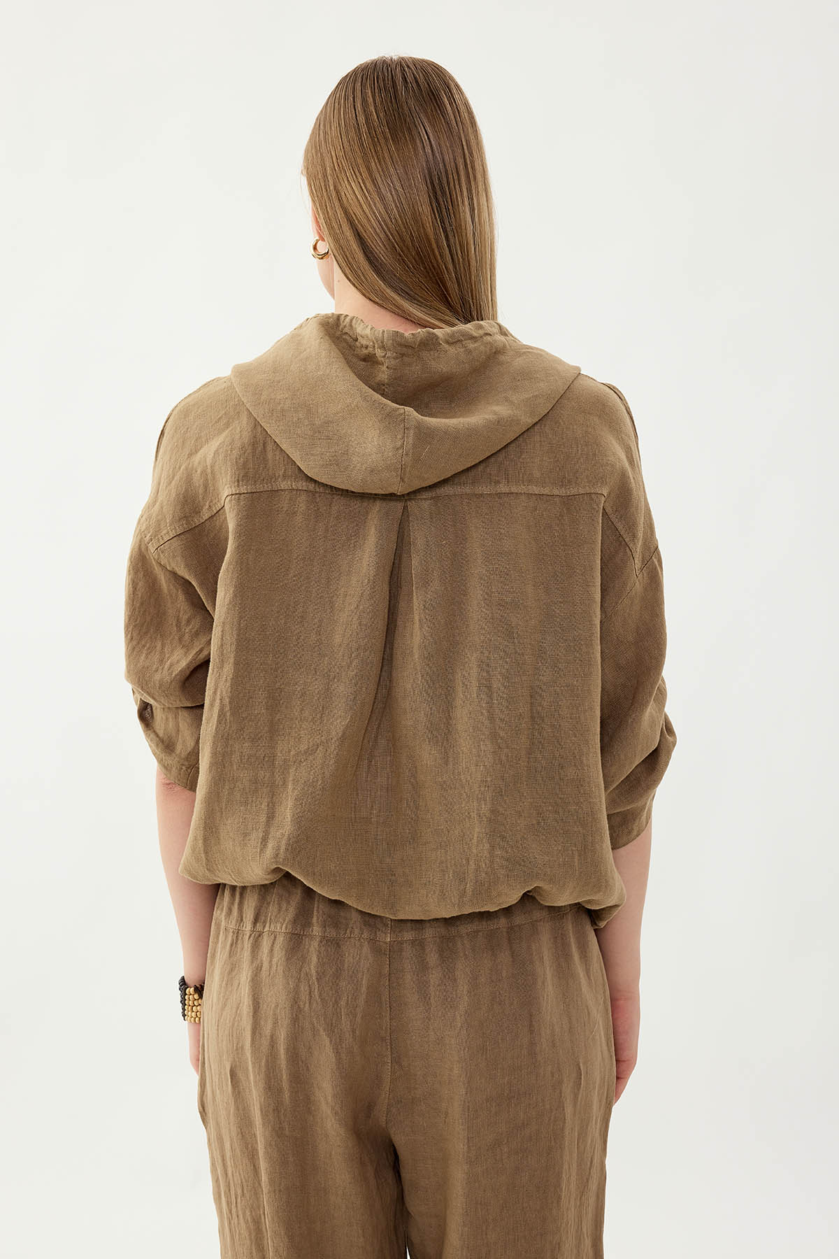 %100 Keten Kapüşonlu Fermuarlı Ceket - Thumbnail